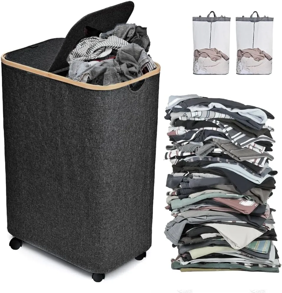 Large Laundry Hamper with Wheels and Lid | 144L Collapsible Laundry Baskets with Removable Bag | Dirty Clothes Hamper for Bedroom, Dorm | CarzyHome Double Rolling Laundry Basket with Handles - Black