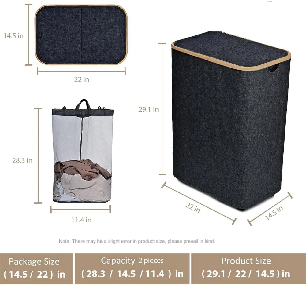 Large Laundry Hamper with Wheels and Lid | 144L Collapsible Laundry Baskets with Removable Bag | Dirty Clothes Hamper for Bedroom, Dorm | CarzyHome Double Rolling Laundry Basket with Handles - Black