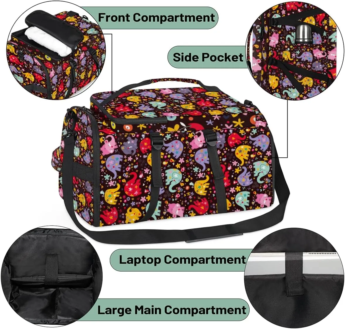 Large Sports Gym Bag With Shoe & Laptop Compartment 47L Waterproof Travel Duffel Bags for Men Women Colourful Elephant Pattern Luggage Backpack Duffle Bag