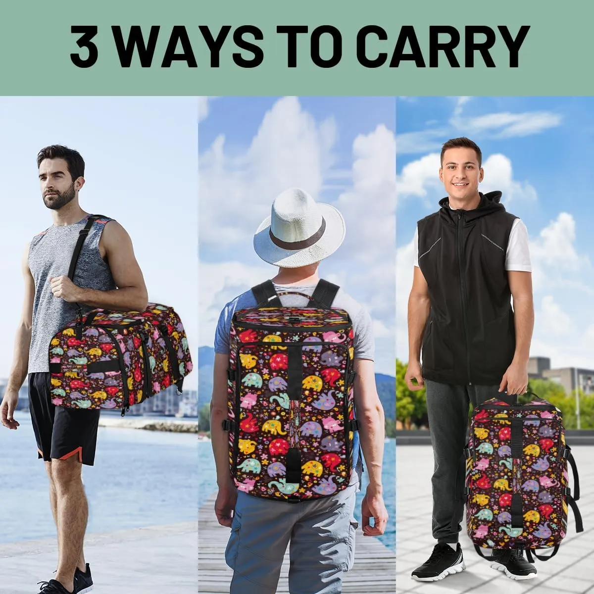 Large Sports Gym Bag With Shoe & Laptop Compartment 47L Waterproof Travel Duffel Bags for Men Women Colourful Elephant Pattern Luggage Backpack Duffle Bag