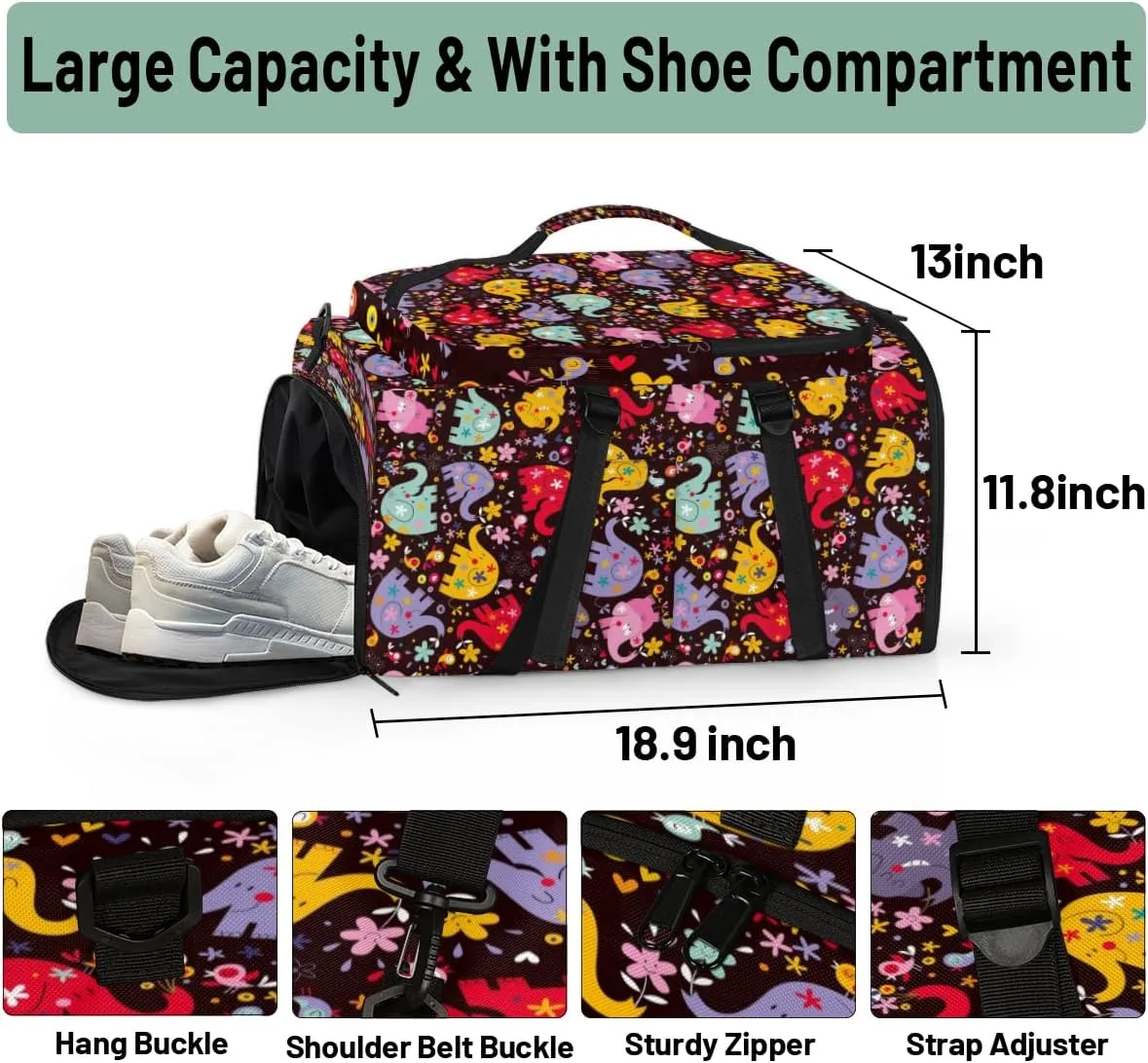 Large Sports Gym Bag With Shoe & Laptop Compartment 47L Waterproof Travel Duffel Bags for Men Women Colourful Elephant Pattern Luggage Backpack Duffle Bag