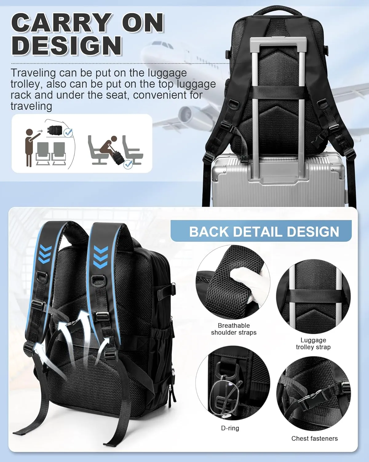 Large Travel Backpack Storage Vacuum Compression Bags with Pump for Travel Storage Carry on Business Day Vacpack Backpack for Women Men with Vacuum College Bag Black