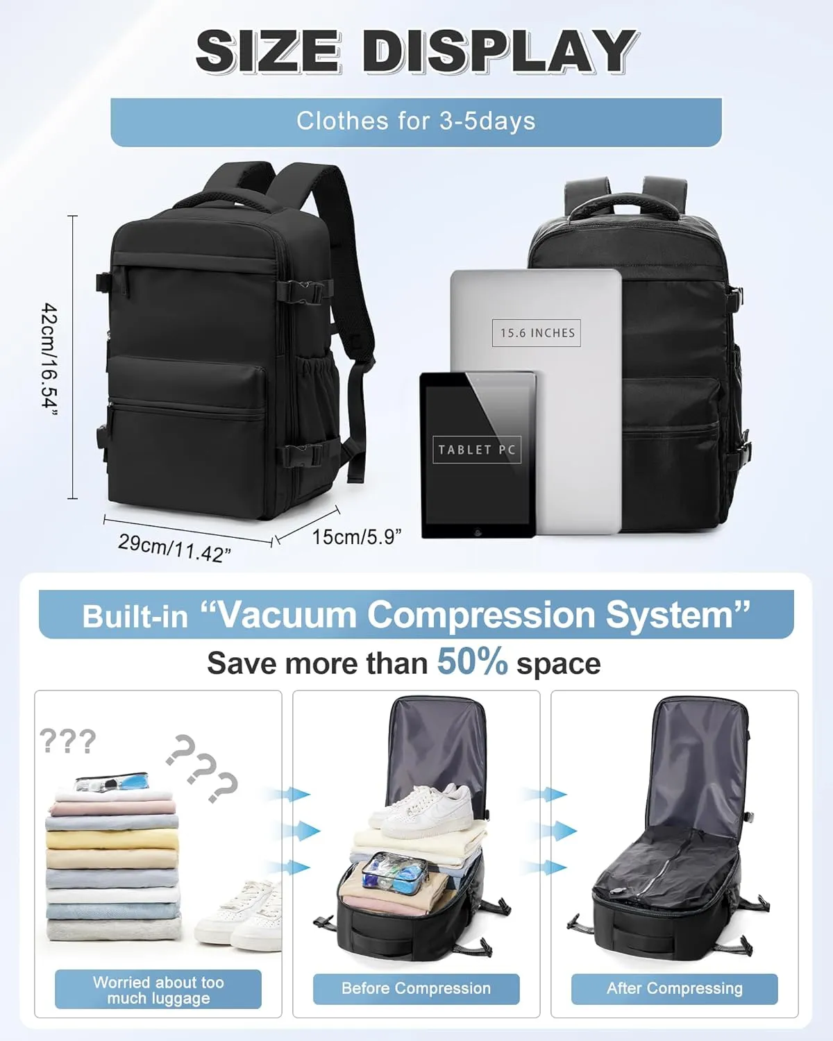 Large Travel Backpack Storage Vacuum Compression Bags with Pump for Travel Storage Carry on Business Day Vacpack Backpack for Women Men with Vacuum College Bag Black