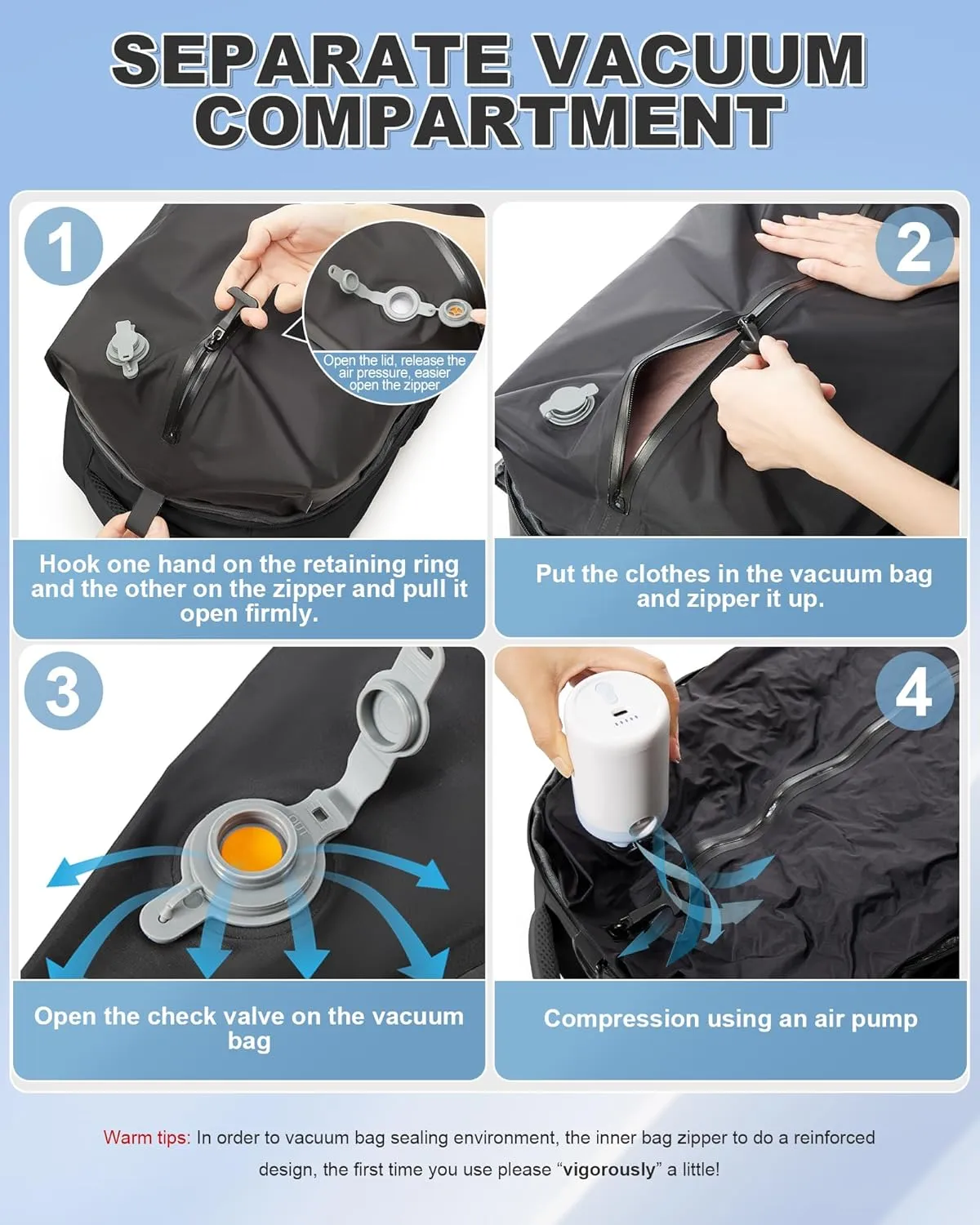 Large Travel Backpack Storage Vacuum Compression Bags with Pump for Travel Storage Carry on Business Day Vacpack Backpack for Women Men with Vacuum College Bag Black