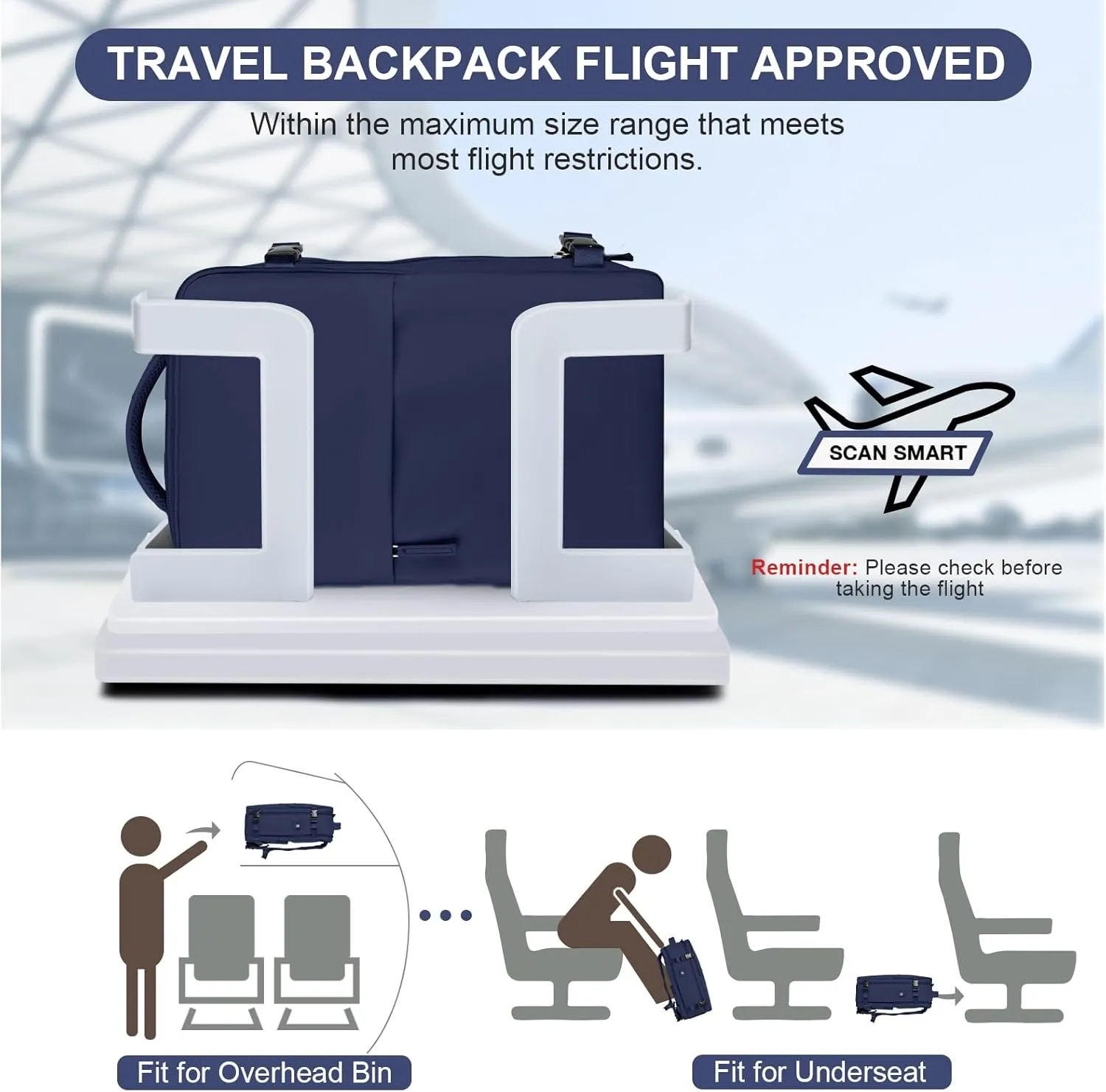 LargeTravel Backpack For Women Men Airline Approved Carry On Bags For Airplanes Underseat Luggage Backpack For Traveling On Airplane Personal Item Travel Bag For Airlines Travel Essentials Navy Blue