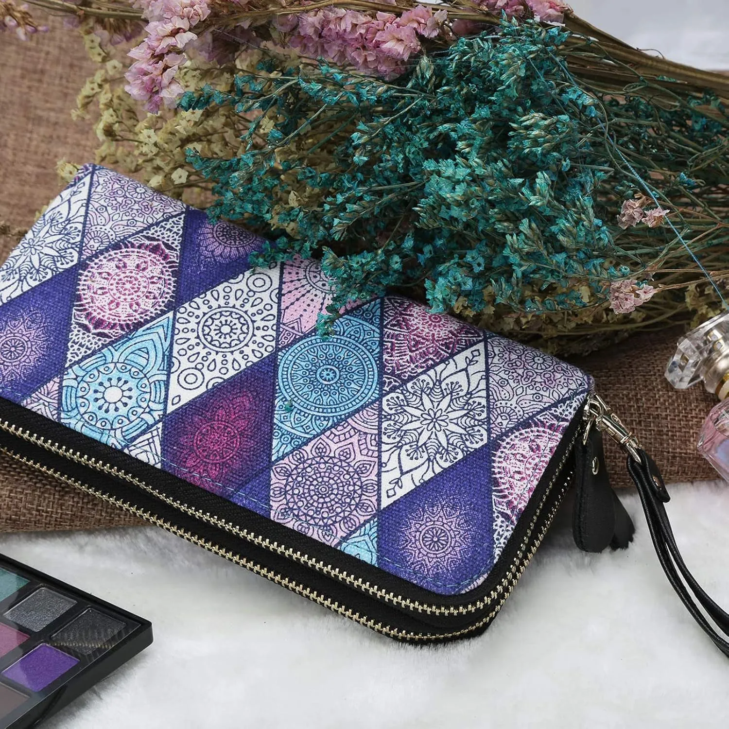 LATH.PIN RFID Blocking Bohemian Purse Wallet Canvas Elephant Pattern Handbag with Coin Pocket and Strap
