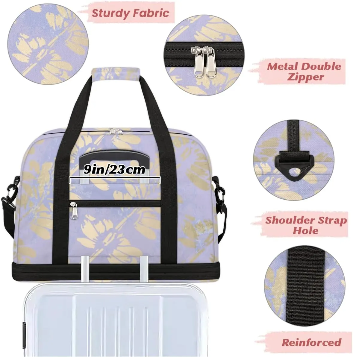 Leaf Print Pattern Sports Gym Bag with Shoes Compartment Foldable Travel Duffel Bag Dry Wet Separated Sports Tote Workout Weekender Overnight Bag for Women Yoga Dance Work Training Handbag