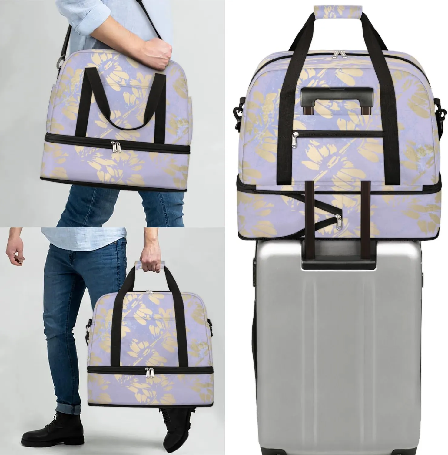 Leaf Print Pattern Sports Gym Bag with Shoes Compartment Foldable Travel Duffel Bag Dry Wet Separated Sports Tote Workout Weekender Overnight Bag for Women Yoga Dance Work Training Handbag