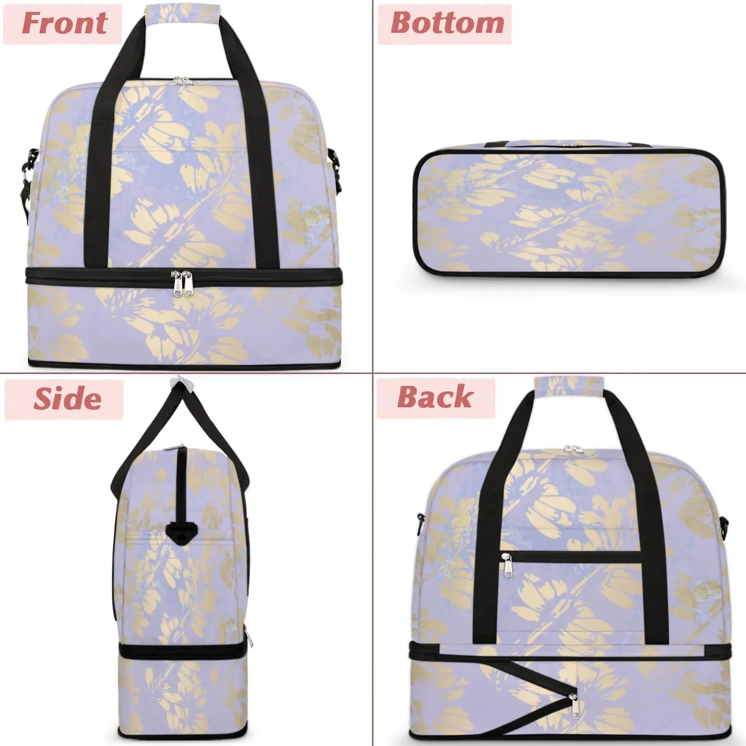 Leaf Print Pattern Sports Gym Bag with Shoes Compartment Foldable Travel Duffel Bag Dry Wet Separated Sports Tote Workout Weekender Overnight Bag for Women Yoga Dance Work Training Handbag