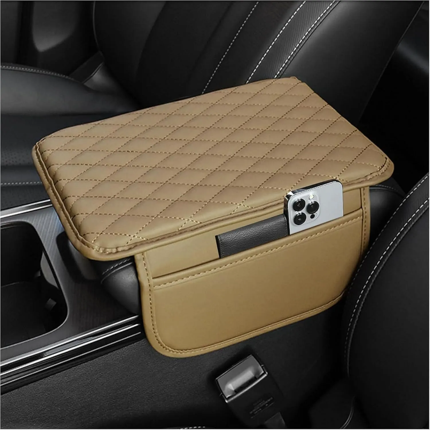 Leather Car Center Console Cover for Audi A3 Hatchback 2014-2018, Universal Car Armrest Cover Protector 2 Storage Bags Waterproof Anti Scratch Interior Accessories, Beige