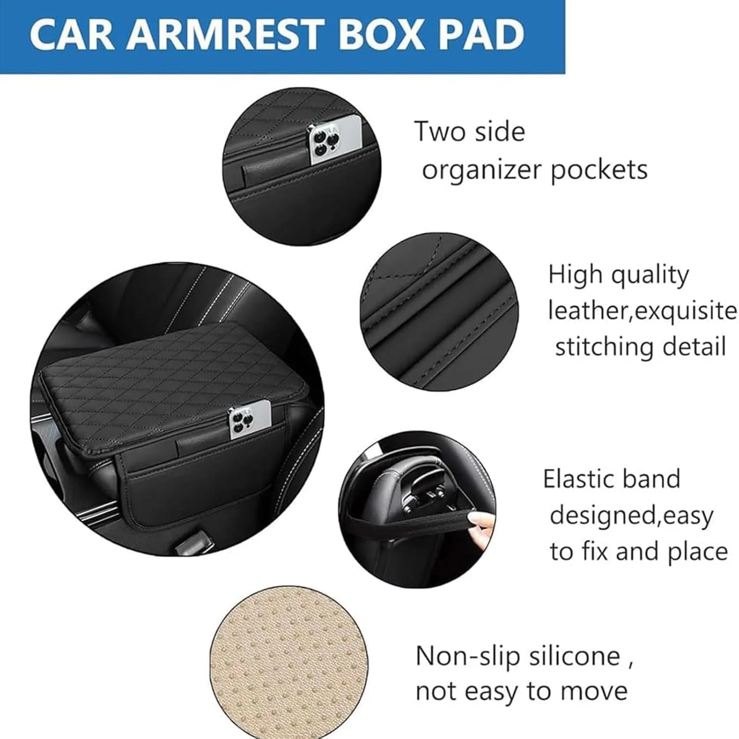 Leather Car Center Console Cover for Audi A3 Hatchback 2014-2018, Universal Car Armrest Cover Protector 2 Storage Bags Waterproof Anti Scratch Interior Accessories, Beige
