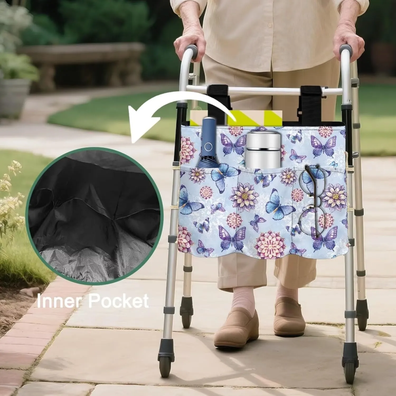 LedBack Floral Walker Bag Large Capacity Storage Bags with Small Pockets Blue Butterfly Mandala Flower Lightweight Walker Accessories for Seniors, Easy to Install