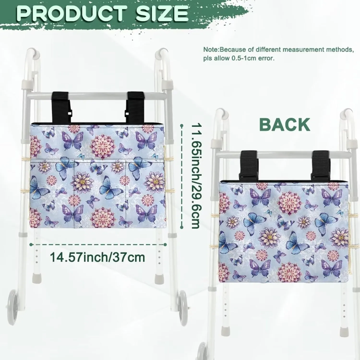LedBack Floral Walker Bag Large Capacity Storage Bags with Small Pockets Blue Butterfly Mandala Flower Lightweight Walker Accessories for Seniors, Easy to Install