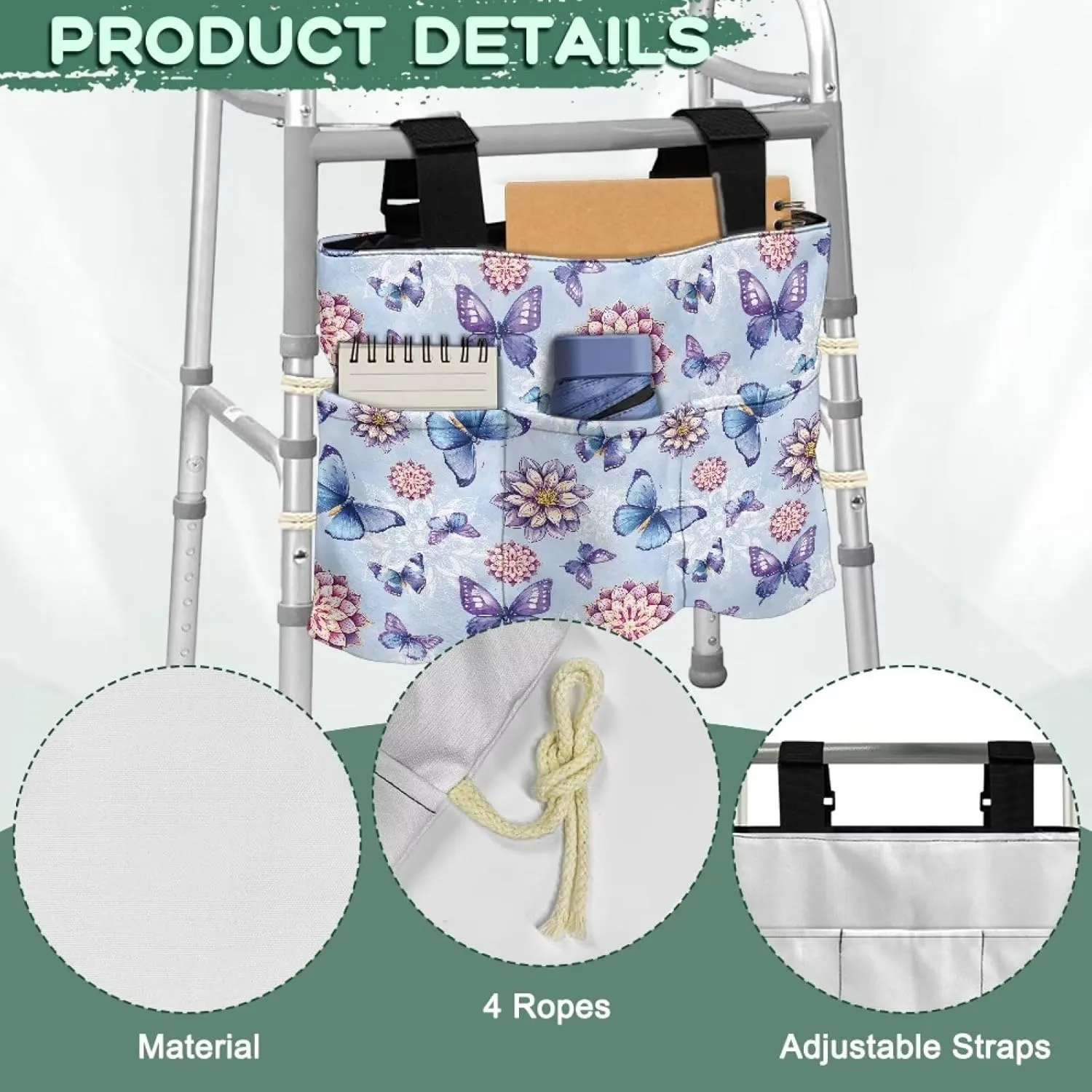 LedBack Floral Walker Bag Large Capacity Storage Bags with Small Pockets Blue Butterfly Mandala Flower Lightweight Walker Accessories for Seniors, Easy to Install