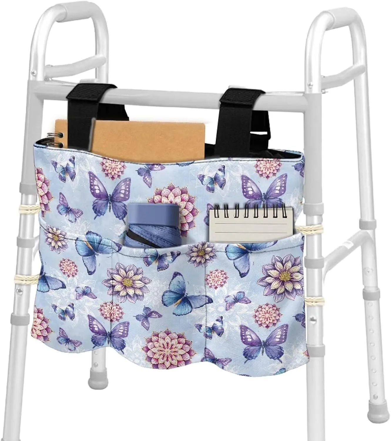 LedBack Floral Walker Bag Large Capacity Storage Bags with Small Pockets Blue Butterfly Mandala Flower Lightweight Walker Accessories for Seniors, Easy to Install