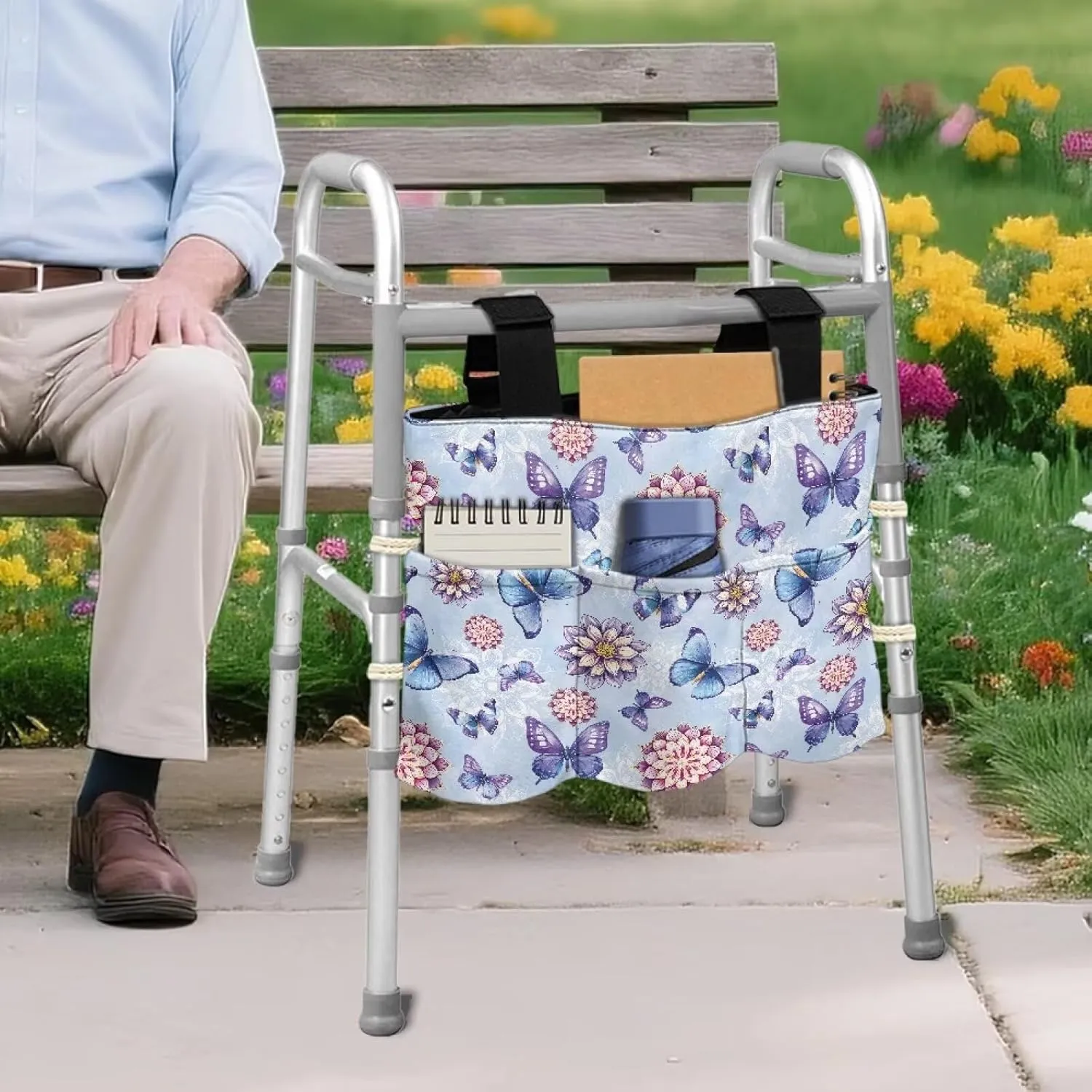 LedBack Floral Walker Bag Large Capacity Storage Bags with Small Pockets Blue Butterfly Mandala Flower Lightweight Walker Accessories for Seniors, Easy to Install