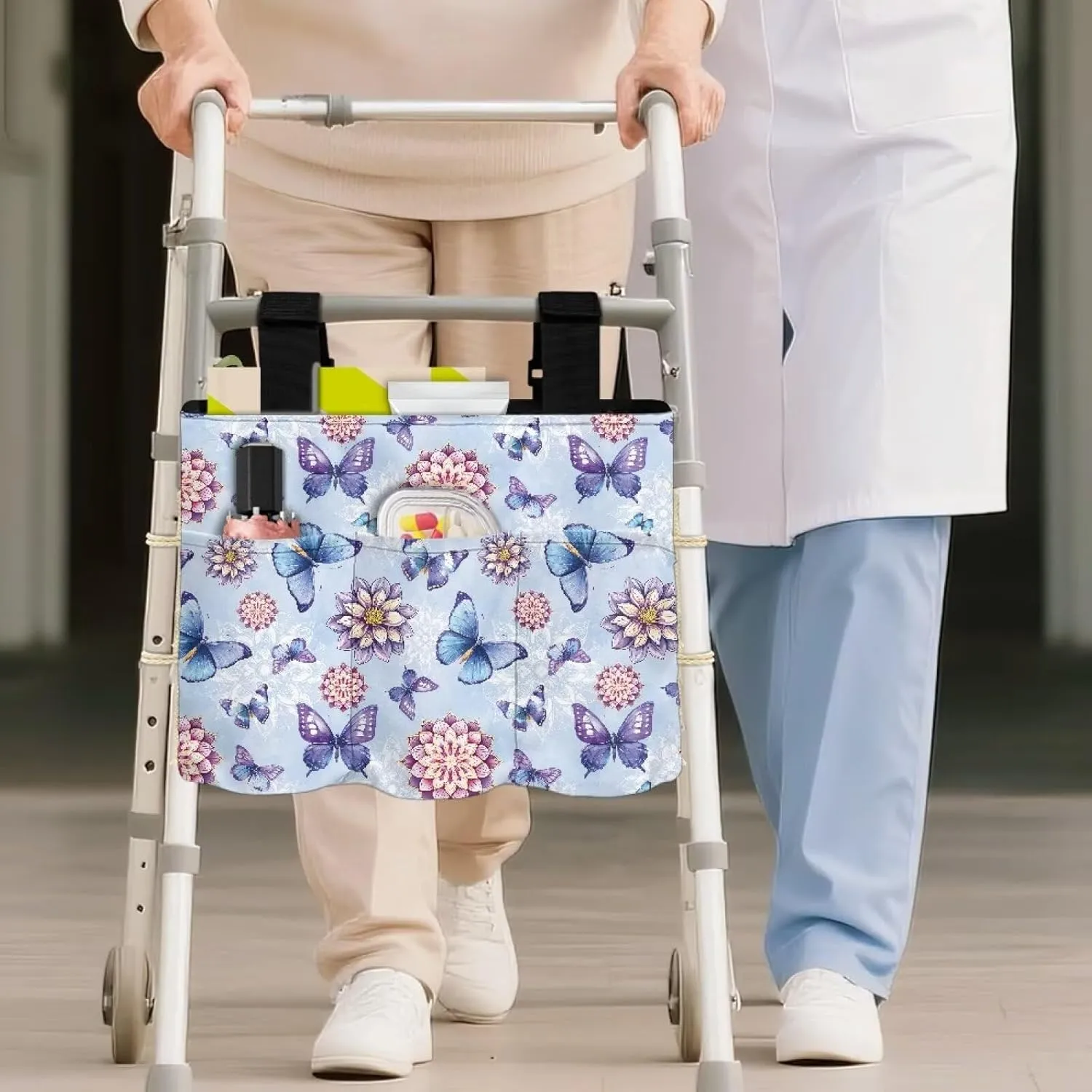 LedBack Floral Walker Bag Large Capacity Storage Bags with Small Pockets Blue Butterfly Mandala Flower Lightweight Walker Accessories for Seniors, Easy to Install
