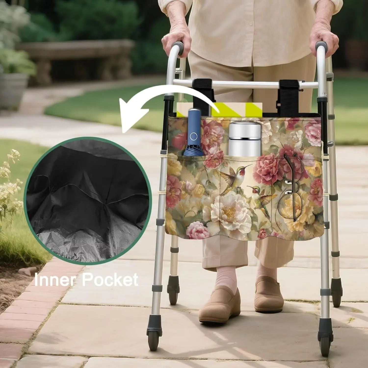 LedBack Hummingbirds Flowers Walker Bag Removable Walker Accessories for Seniors Elderly, Large Capacity Storage Bags Replaceable Accessory with Fixed Rope and Adjustable Strap