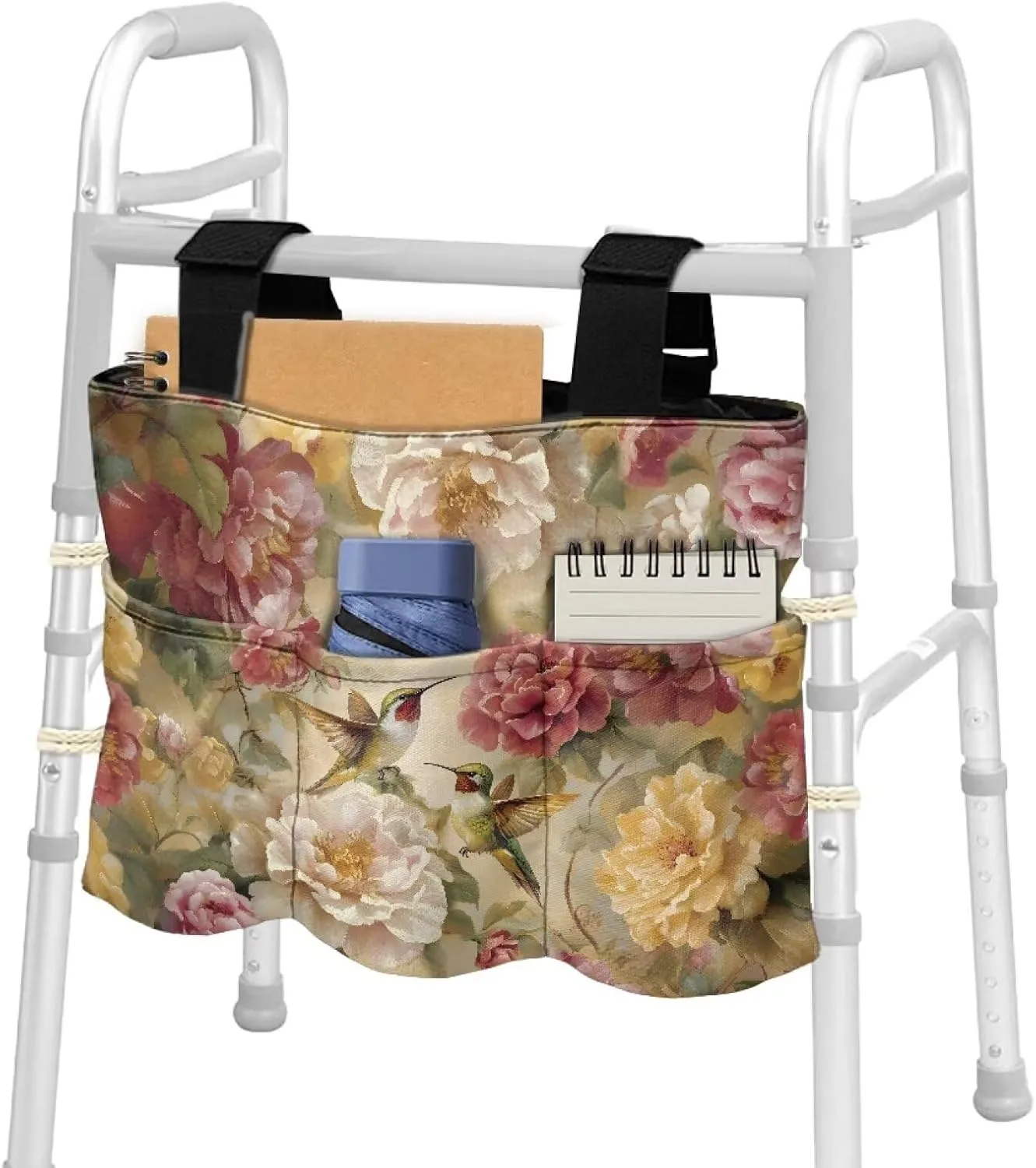 LedBack Hummingbirds Flowers Walker Bag Removable Walker Accessories for Seniors Elderly, Large Capacity Storage Bags Replaceable Accessory with Fixed Rope and Adjustable Strap