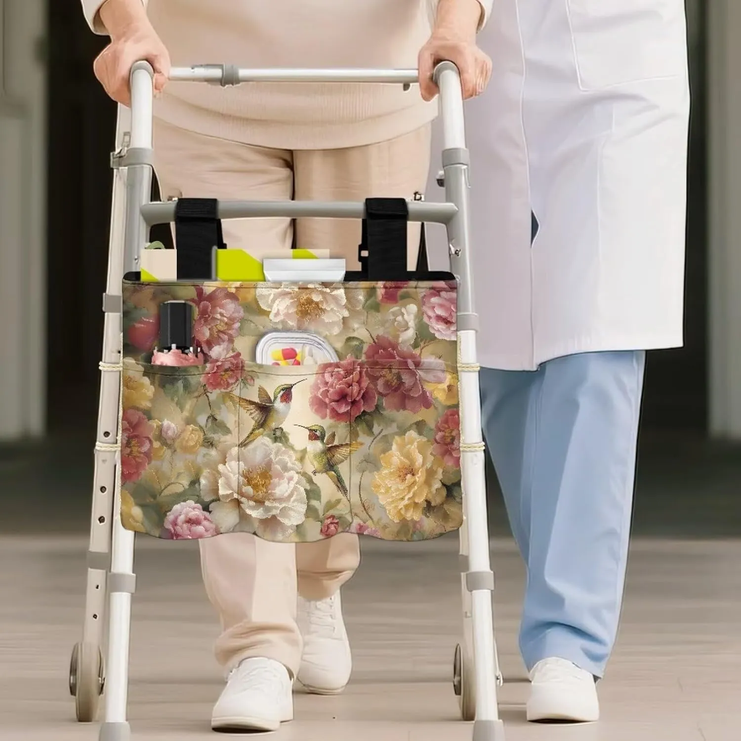 LedBack Hummingbirds Flowers Walker Bag Removable Walker Accessories for Seniors Elderly, Large Capacity Storage Bags Replaceable Accessory with Fixed Rope and Adjustable Strap