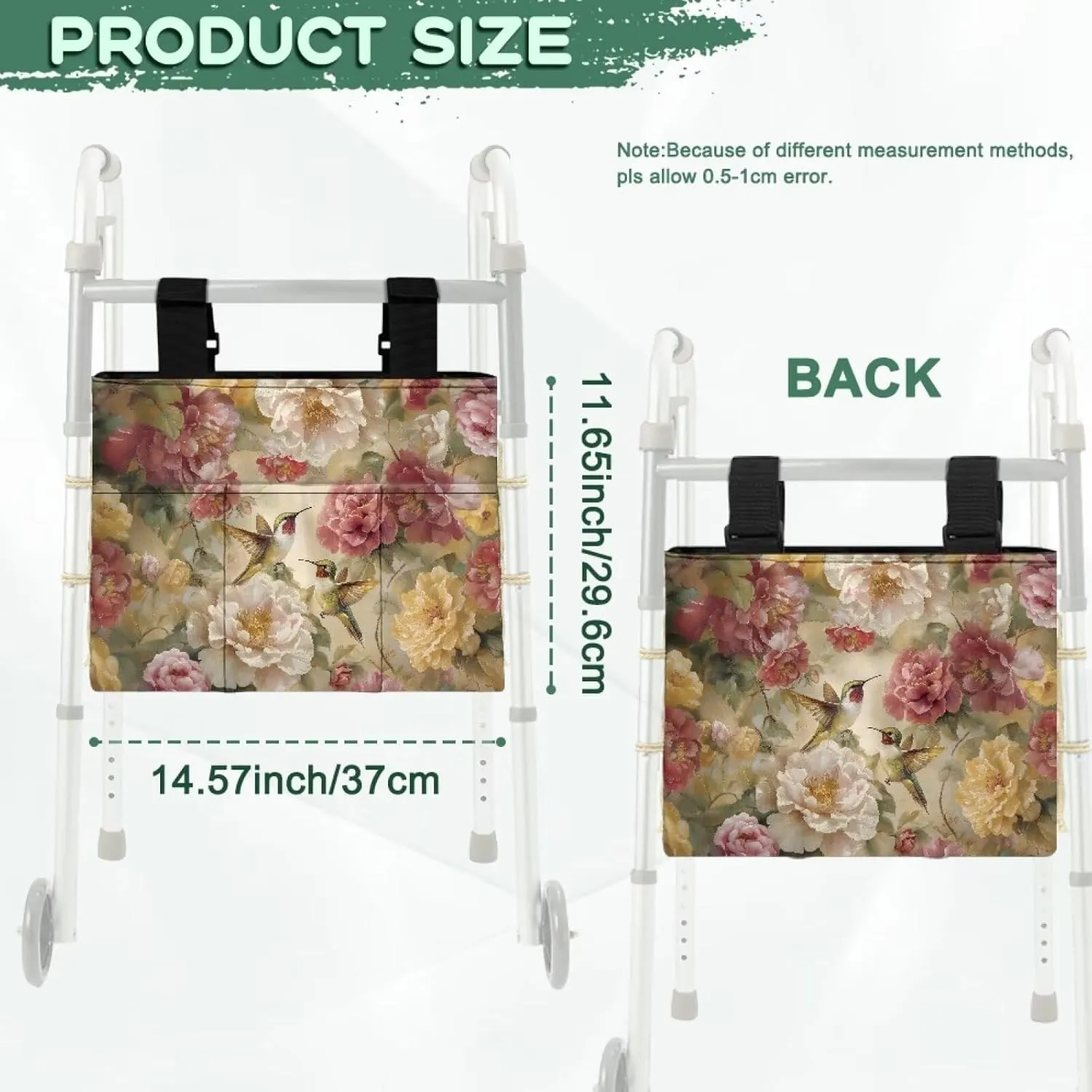 LedBack Hummingbirds Flowers Walker Bag Removable Walker Accessories for Seniors Elderly, Large Capacity Storage Bags Replaceable Accessory with Fixed Rope and Adjustable Strap