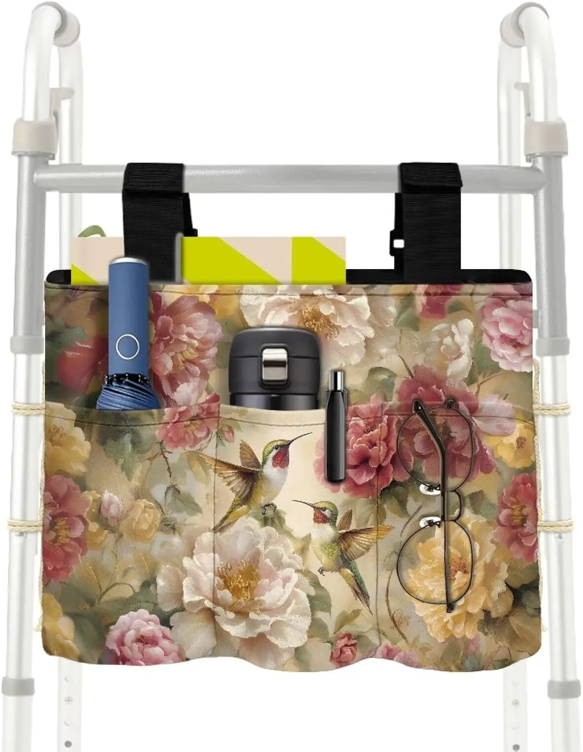 LedBack Hummingbirds Flowers Walker Bag Removable Walker Accessories for Seniors Elderly, Large Capacity Storage Bags Replaceable Accessory with Fixed Rope and Adjustable Strap