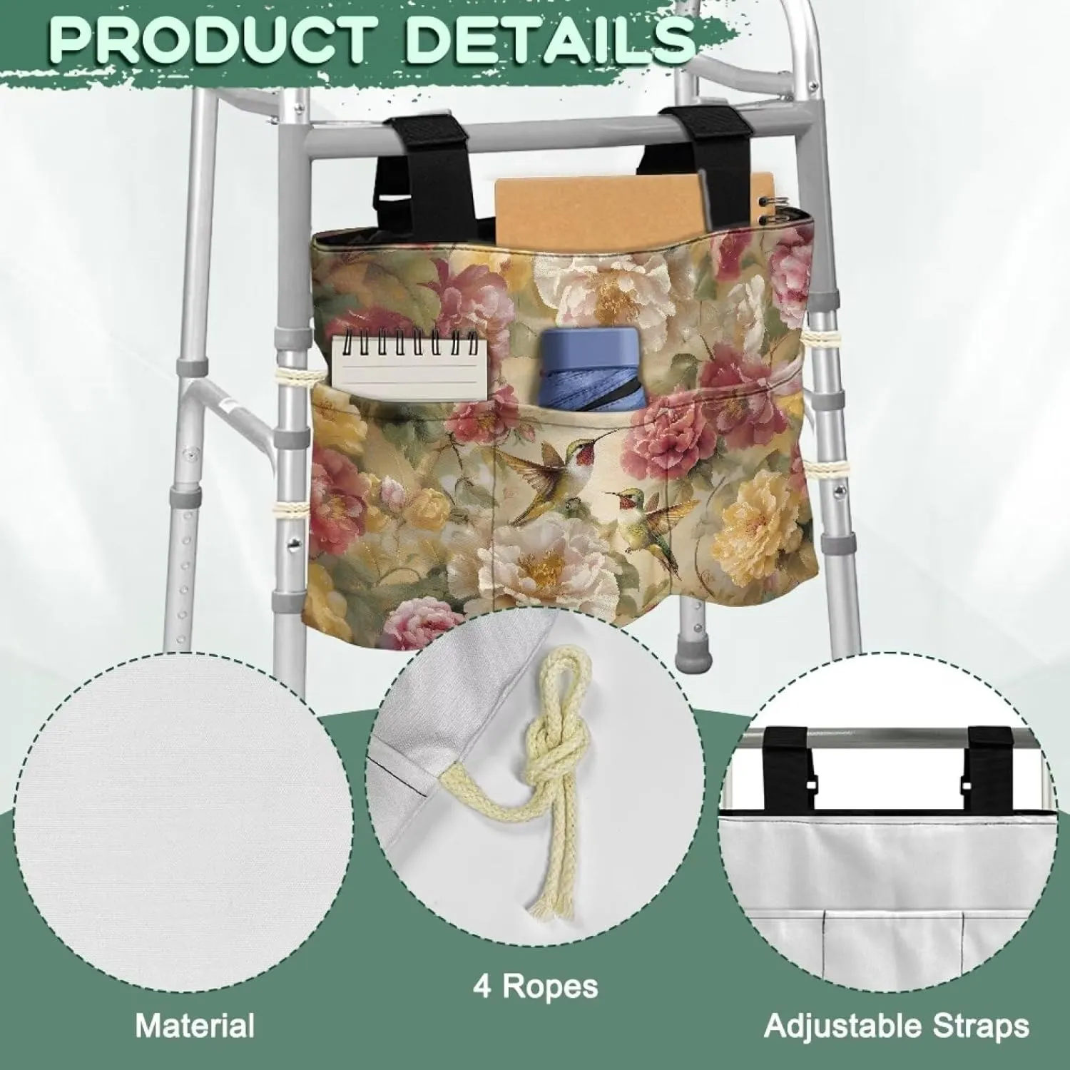 LedBack Hummingbirds Flowers Walker Bag Removable Walker Accessories for Seniors Elderly, Large Capacity Storage Bags Replaceable Accessory with Fixed Rope and Adjustable Strap