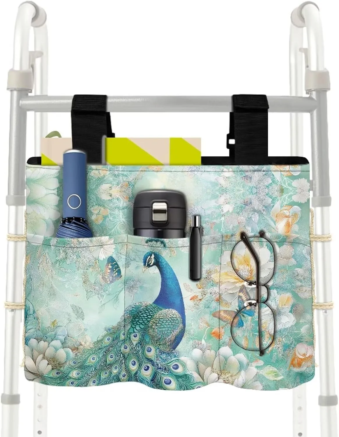 LedBack Peacock Flowers Print Walker Bags for Folding Walker Large Capacity Storage Bag for Seniors Durable Walkers Storage Bags with Adjustable Strap