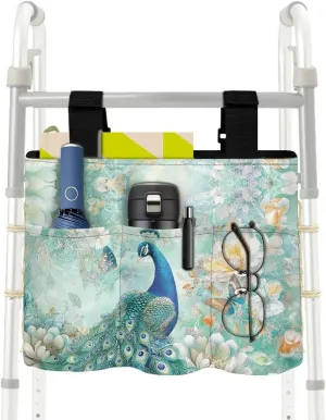 LedBack Peacock Flowers Print Walker Bags for Folding Walker Large Capacity Storage Bag for Seniors Durable Walkers Storage Bags with Adjustable Strap