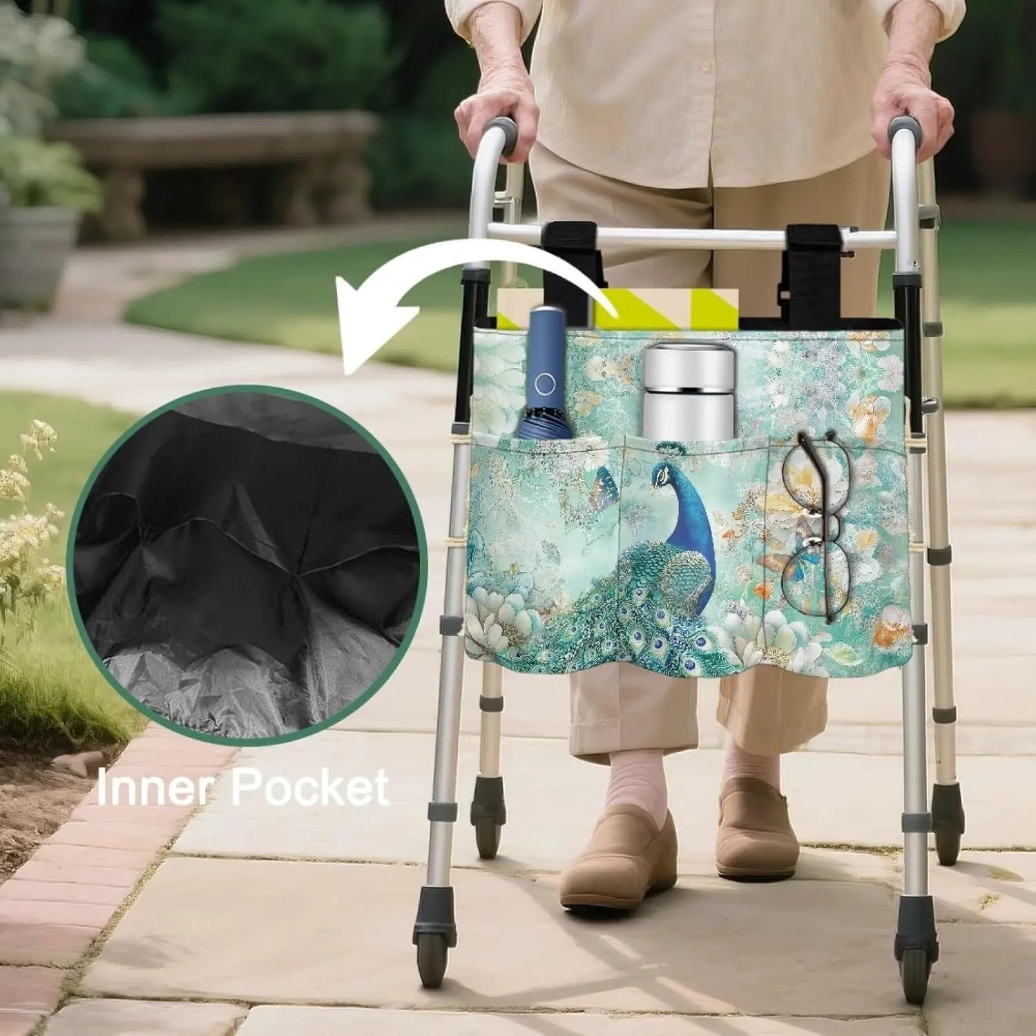 LedBack Peacock Flowers Print Walker Bags for Folding Walker Large Capacity Storage Bag for Seniors Durable Walkers Storage Bags with Adjustable Strap