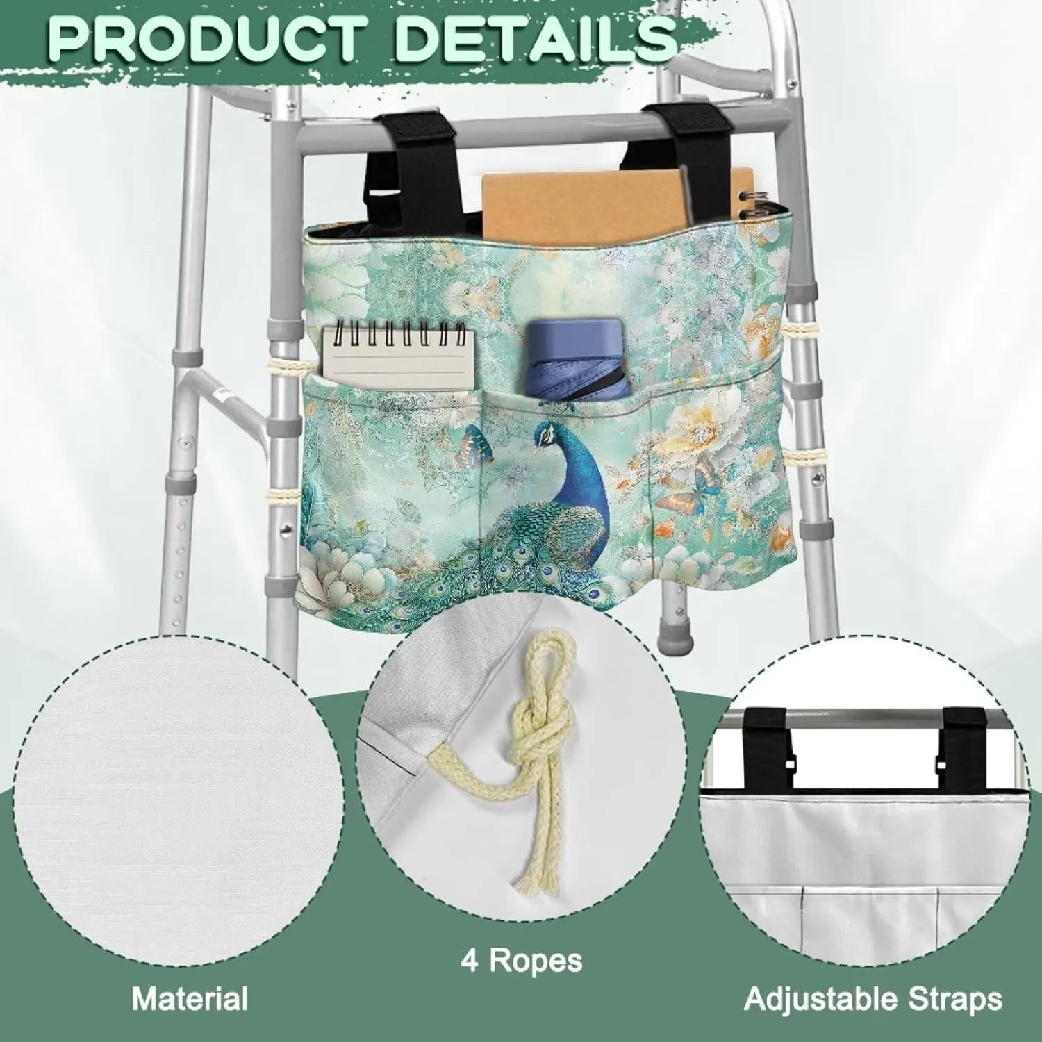 LedBack Peacock Flowers Print Walker Bags for Folding Walker Large Capacity Storage Bag for Seniors Durable Walkers Storage Bags with Adjustable Strap