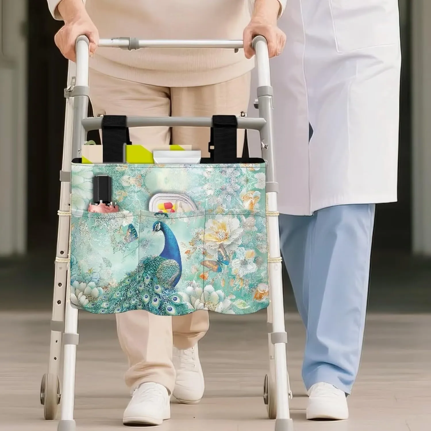 LedBack Peacock Flowers Print Walker Bags for Folding Walker Large Capacity Storage Bag for Seniors Durable Walkers Storage Bags with Adjustable Strap