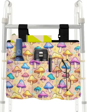 LedBack Walker Bag Large Capacity Storage Bags with Pockets Colorful Mushroom Stars Design Lightweight Walker Accessories for Seniors, Easy to Install and Clean
