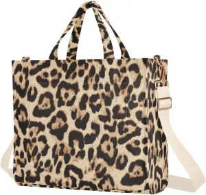 Leopard Pattern Canvas Tote Bags for Women Corduroy Crossbody Bag Vintage Casual Travel Teachers Large Capacity Handbags