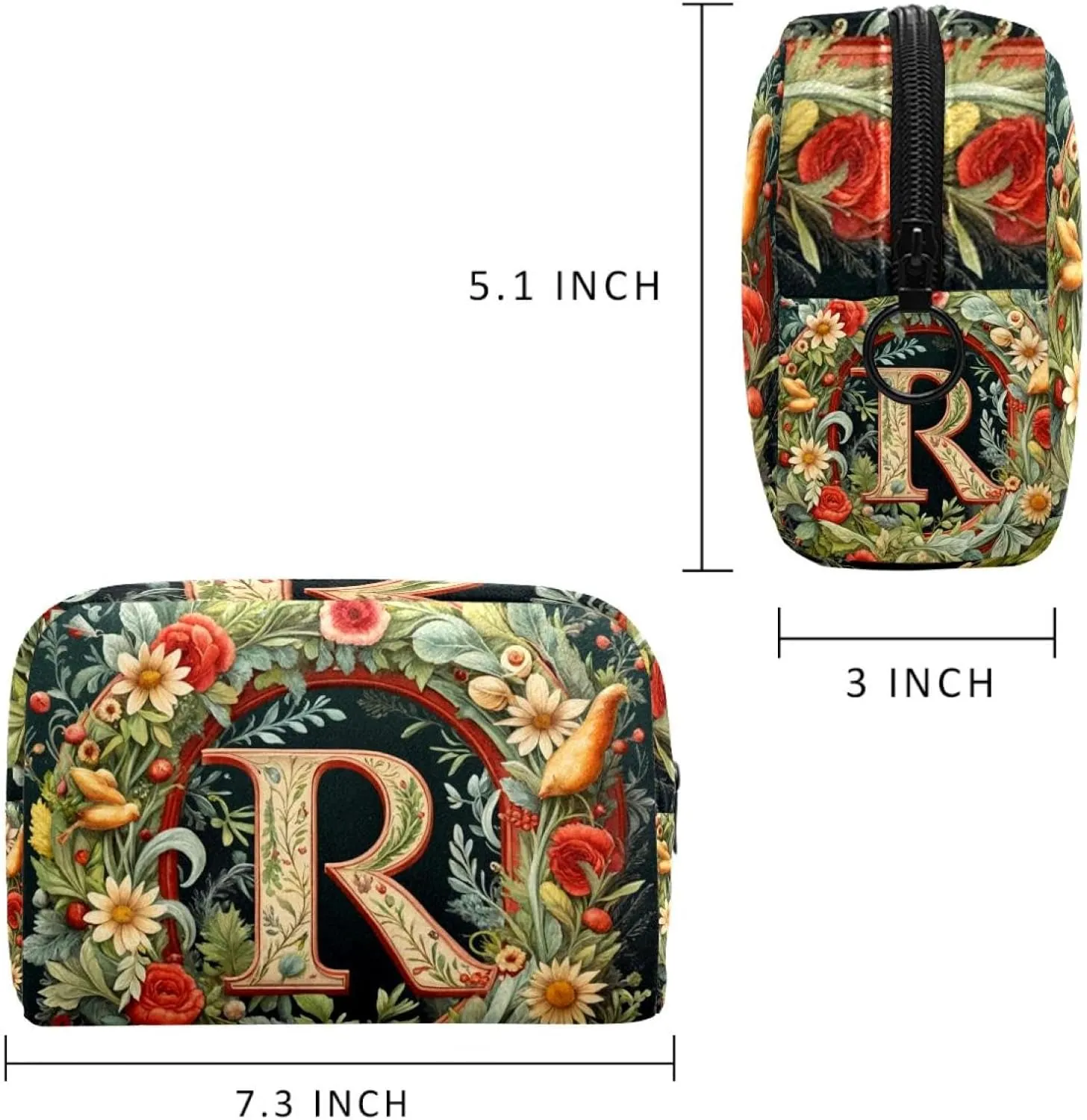 Letter R Surrounded with Flowers Pattern Cosmetic Makeup Bags, Small Travel Zipper Pouch Portable Toiletry Bag Makeup rganizer for Women Teen Girls