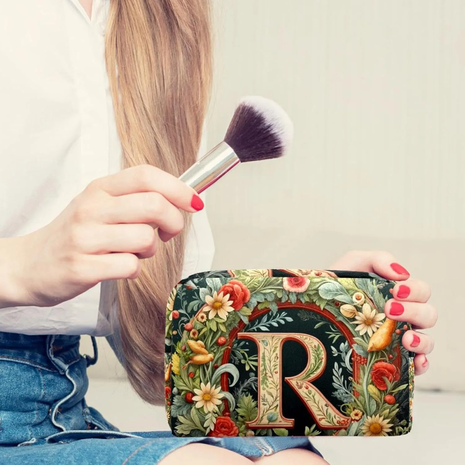 Letter R Surrounded with Flowers Pattern Cosmetic Makeup Bags, Small Travel Zipper Pouch Portable Toiletry Bag Makeup rganizer for Women Teen Girls
