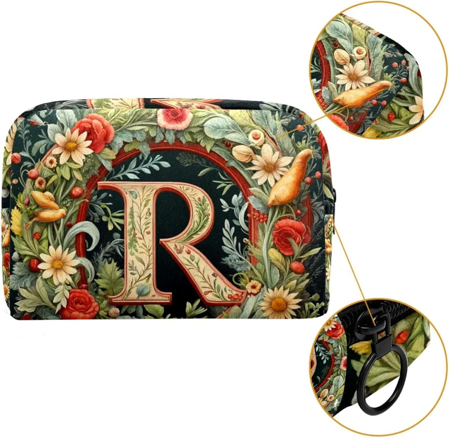Letter R Surrounded with Flowers Pattern Cosmetic Makeup Bags, Small Travel Zipper Pouch Portable Toiletry Bag Makeup rganizer for Women Teen Girls