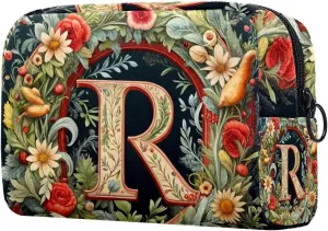 Letter R Surrounded with Flowers Pattern Cosmetic Makeup Bags, Small Travel Zipper Pouch Portable Toiletry Bag Makeup rganizer for Women Teen Girls