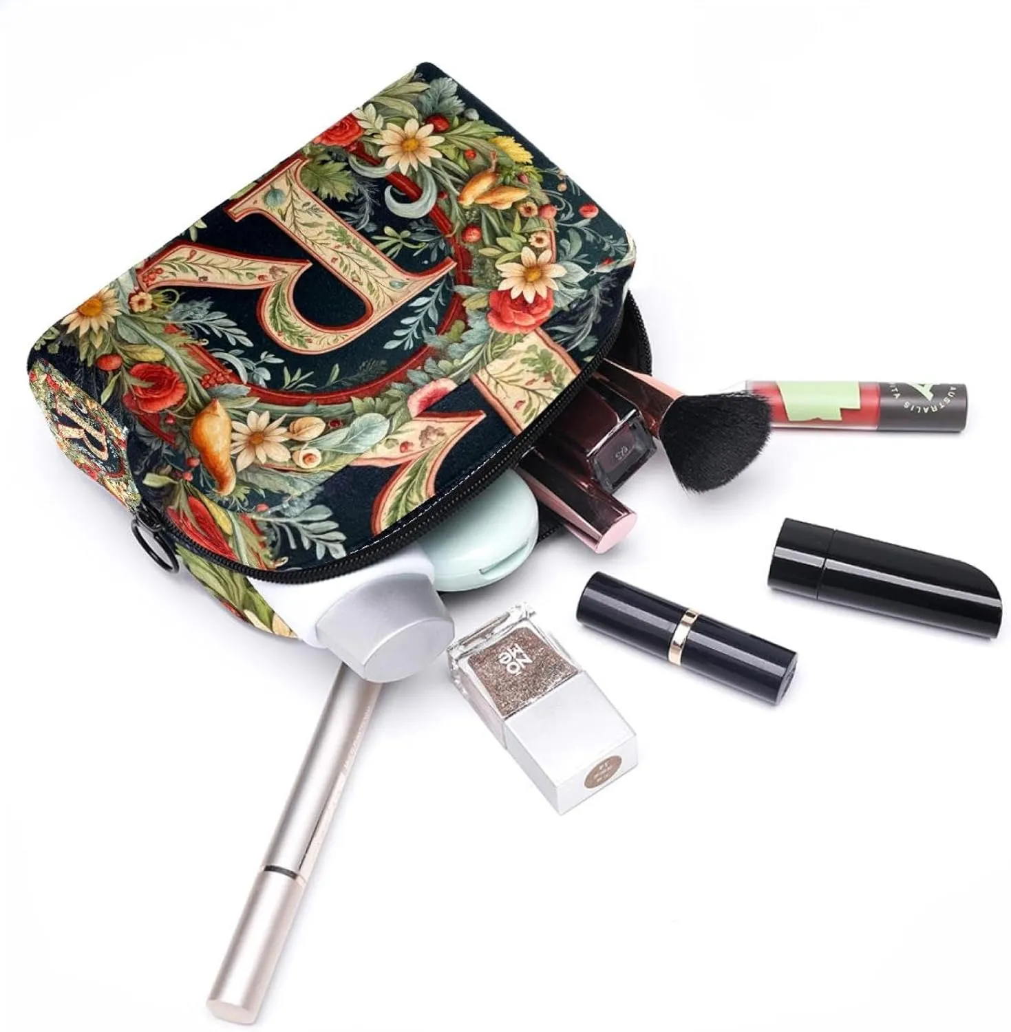 Letter R Surrounded with Flowers Pattern Cosmetic Makeup Bags, Small Travel Zipper Pouch Portable Toiletry Bag Makeup rganizer for Women Teen Girls