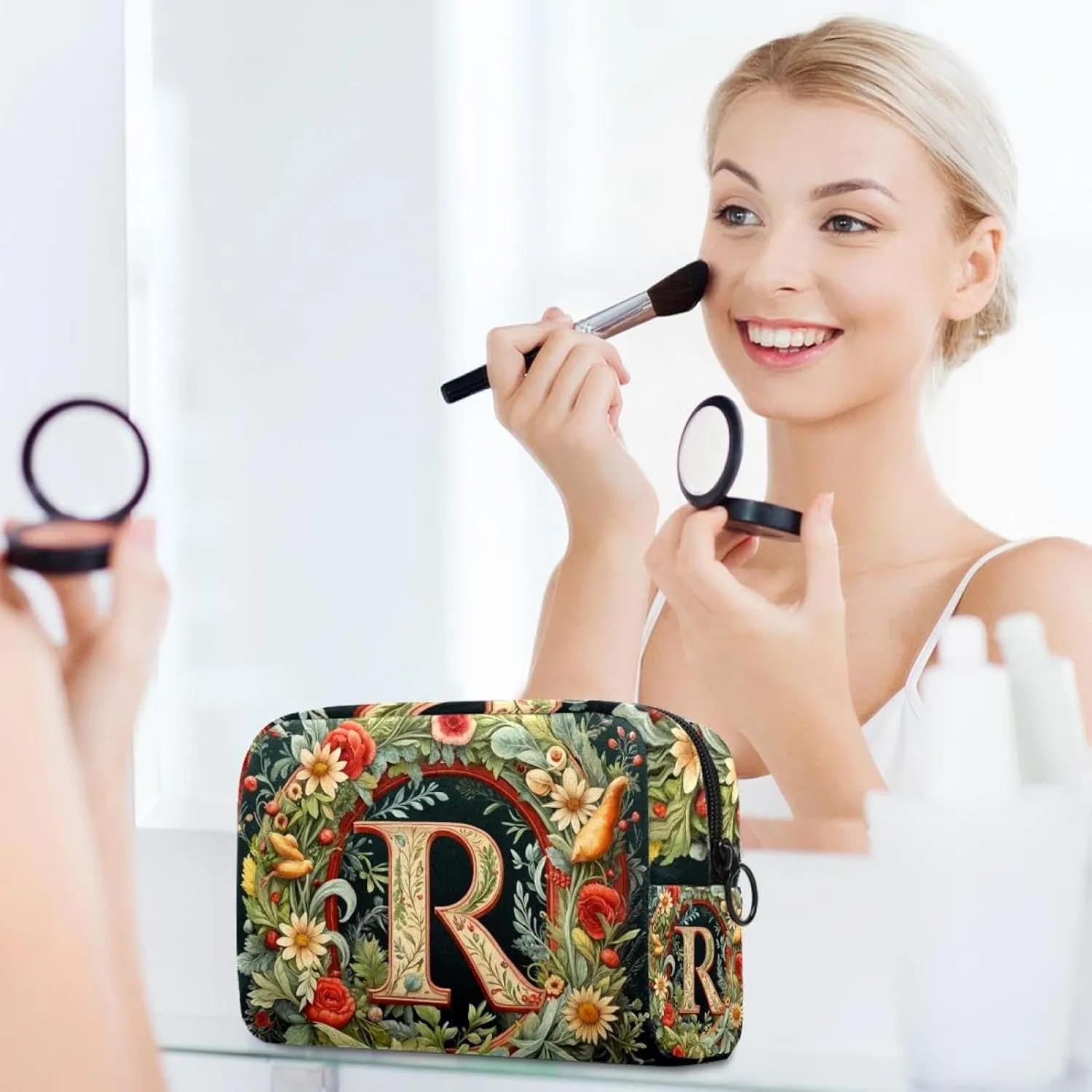 Letter R Surrounded with Flowers Pattern Cosmetic Makeup Bags, Small Travel Zipper Pouch Portable Toiletry Bag Makeup rganizer for Women Teen Girls