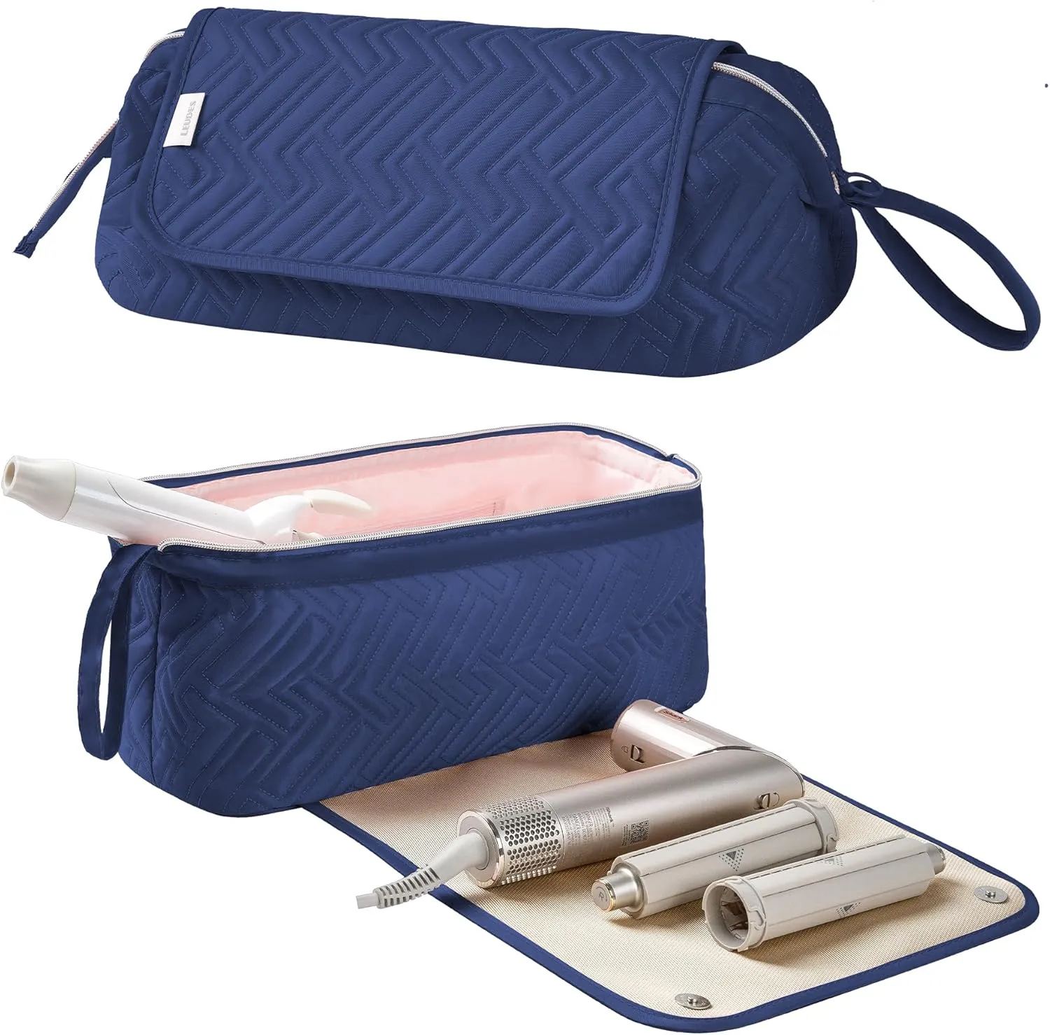 Leudes Hair Tools Travel Bag for Women Heat Resistant Mat for Travel Essentials Hot Tools Straighteners,Flat Irons,Curling Iron,Hot Air Brushes and Hair Dryer Organizer Bags 2 in 1 (Navy Blue)