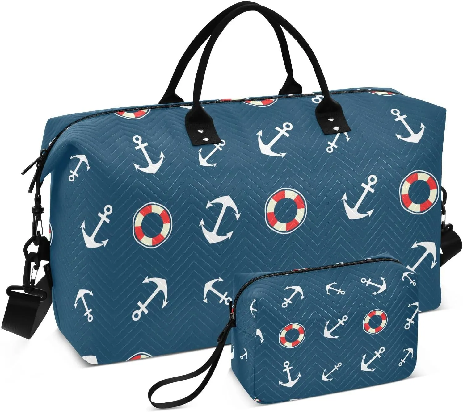 Lifebuoy Motif Navy Sports Gym Bag for Women Men Travel Duffel Bag Weekend Overnight Carry on Bag with Toiletry Bag for Hospital Plane Swimming Yoga Workout