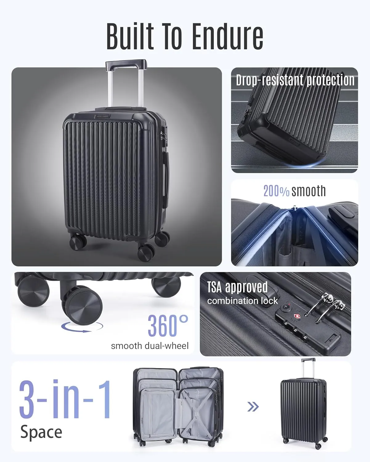 LIGHT FLIGHT Travel Luggage Sets, 3 Piece Set Suitcase with Spinner Wheels, Hardside Lightweight Luggage set with TSA Lock (20" 24" 28"), Black