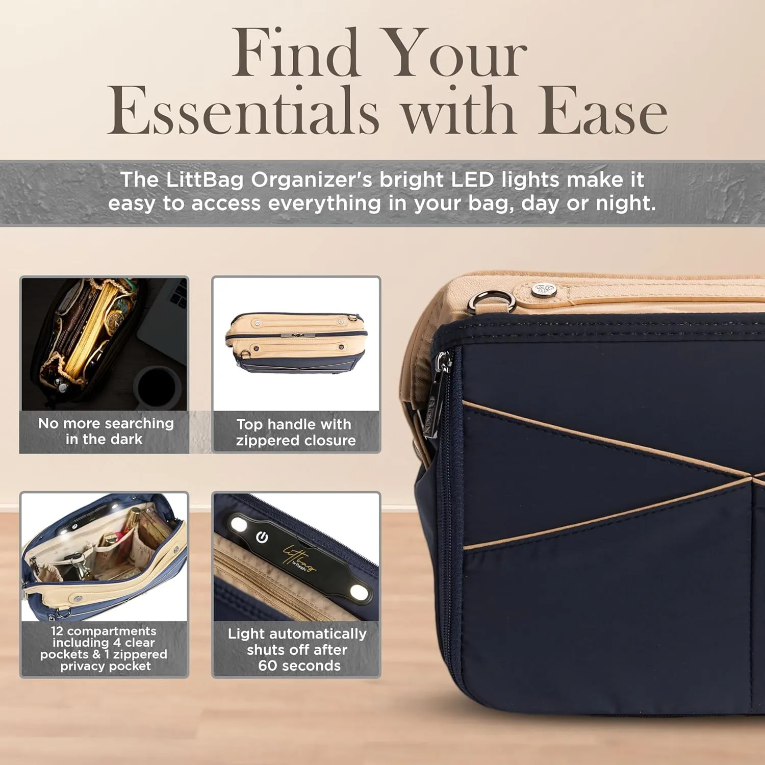 Littbag Handbag Organizer with Patented LED & Auto 60-sec Shutoff - Featured in Oprah's Favorite Things – Purse Organizer with 12 Compartments, Clear Pockets, Zippered Privacy Pocket & More (Blue)