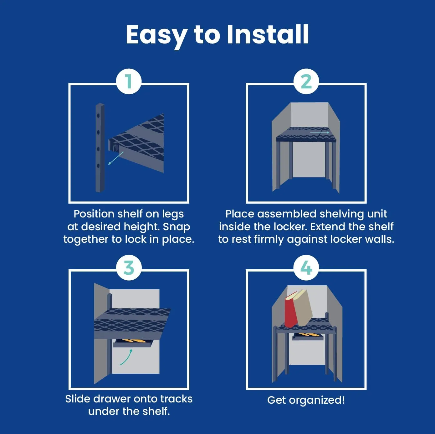 LockerMate Adjust-A-Shelf Locker Shelf & Organizer, Extends to Fit Your Locker, Easy to Use, Perfect for School, Work, Gym, Includes Storage Drawer, Blue