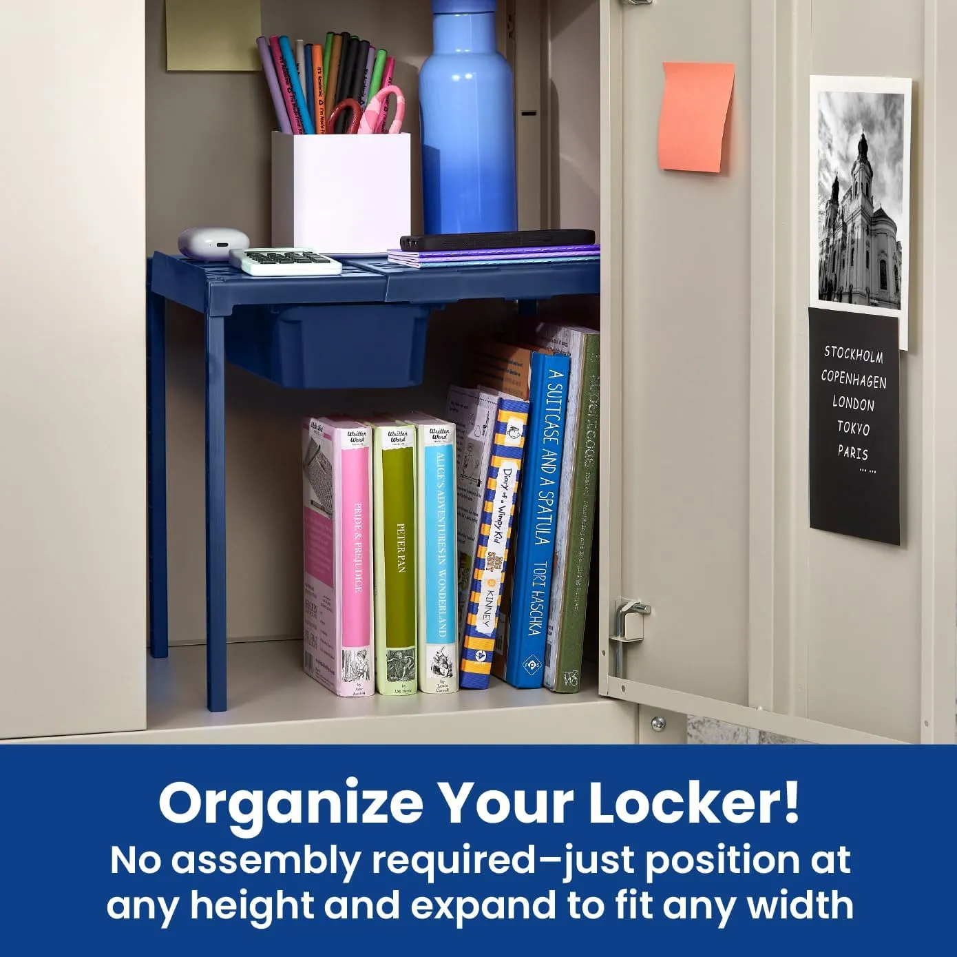 LockerMate Adjust-A-Shelf Locker Shelf & Organizer, Extends to Fit Your Locker, Easy to Use, Perfect for School, Work, Gym, Includes Storage Drawer, Blue