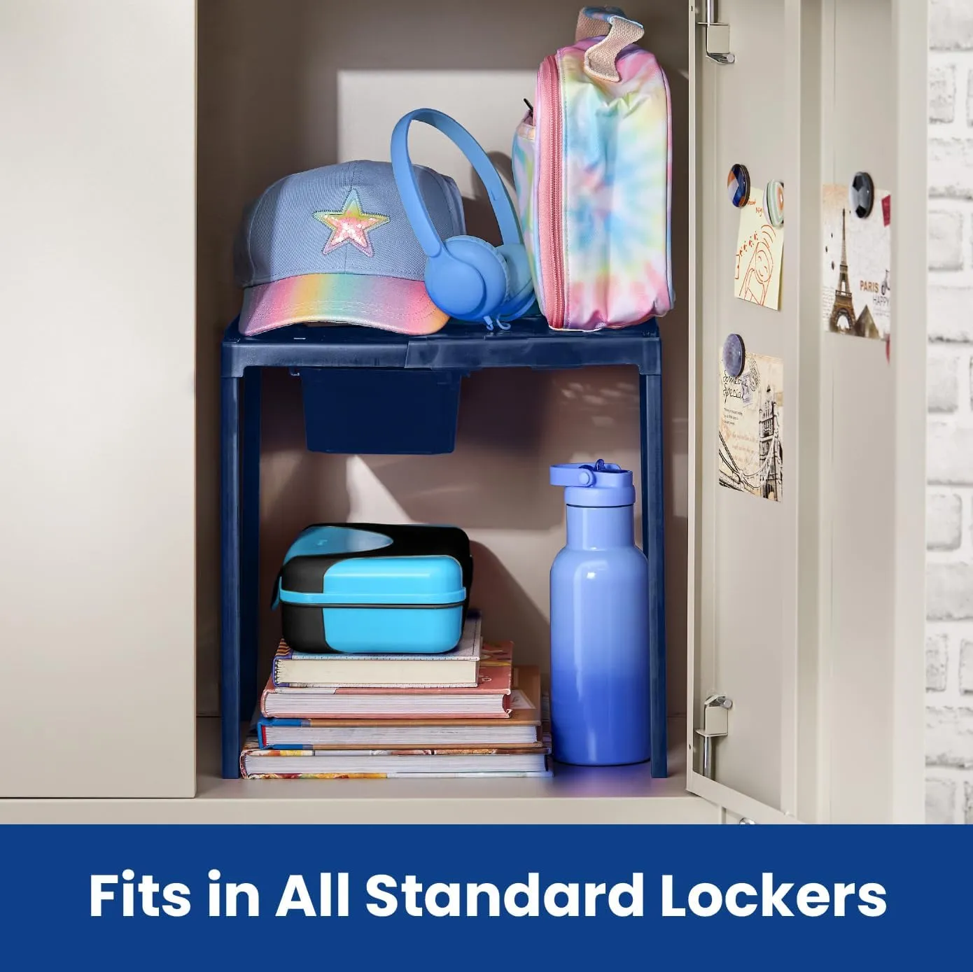LockerMate Adjust-A-Shelf Locker Shelf & Organizer, Extends to Fit Your Locker, Easy to Use, Perfect for School, Work, Gym, Includes Storage Drawer, Blue