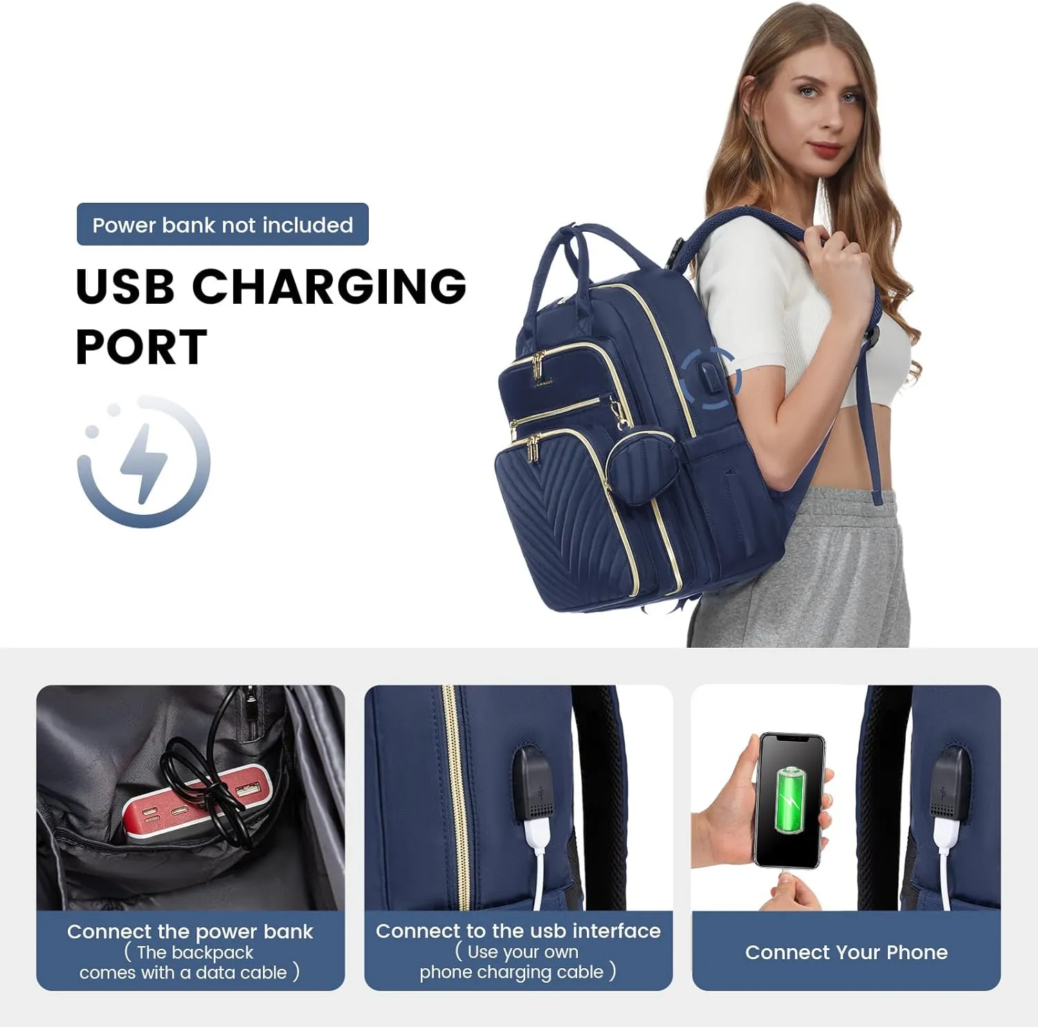 LOVEVOOK Diaper Bag Backpack, Quilted Baby Bag with Changing Pad & Pacifier Holder, Waterproof Travel Diaper Bags with USB Charging Port, Functional Durable Large Capacity, Navy Blue