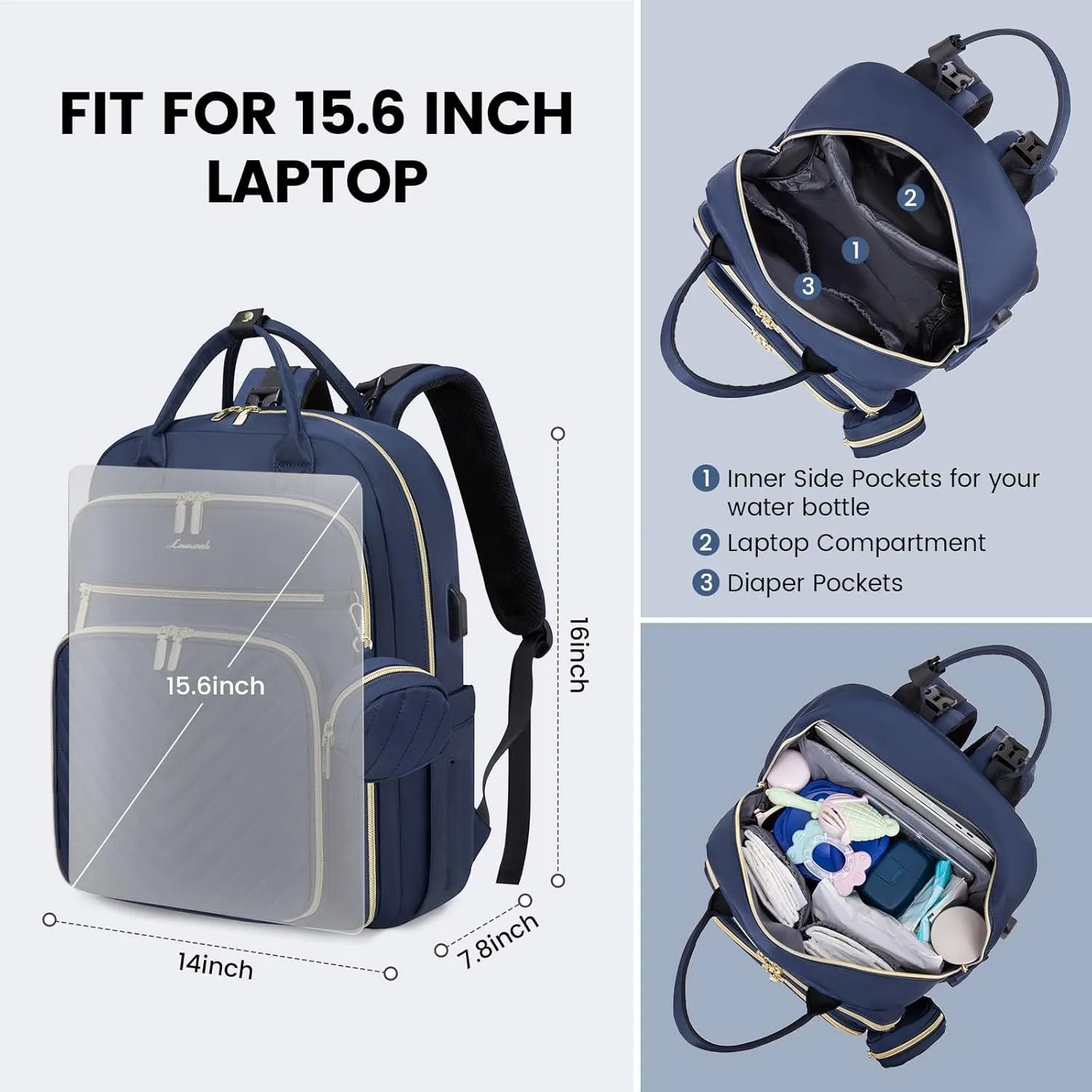 LOVEVOOK Diaper Bag Backpack, Quilted Baby Bag with Changing Pad & Pacifier Holder, Waterproof Travel Diaper Bags with USB Charging Port, Functional Durable Large Capacity, Navy Blue