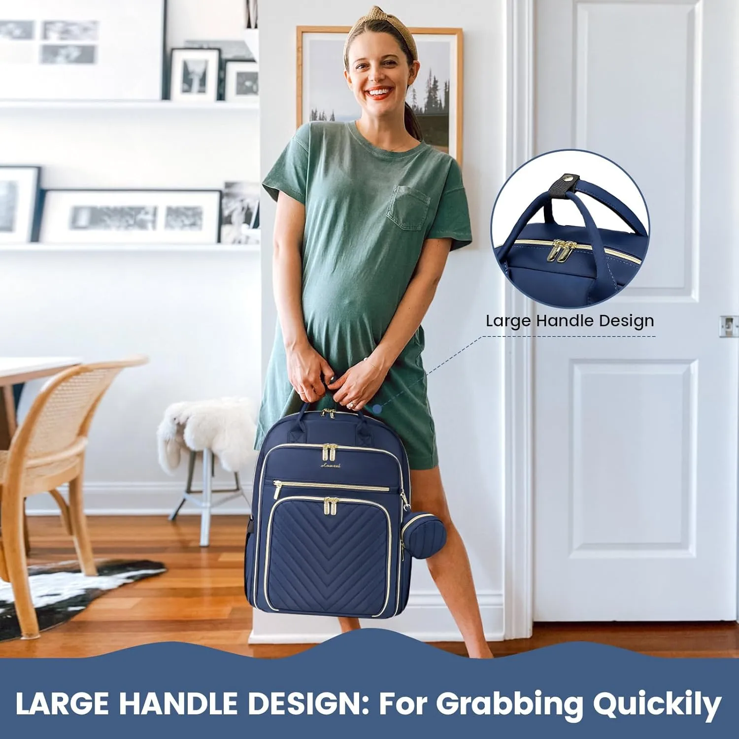 LOVEVOOK Diaper Bag Backpack, Quilted Baby Bag with Changing Pad & Pacifier Holder, Waterproof Travel Diaper Bags with USB Charging Port, Functional Durable Large Capacity, Navy Blue